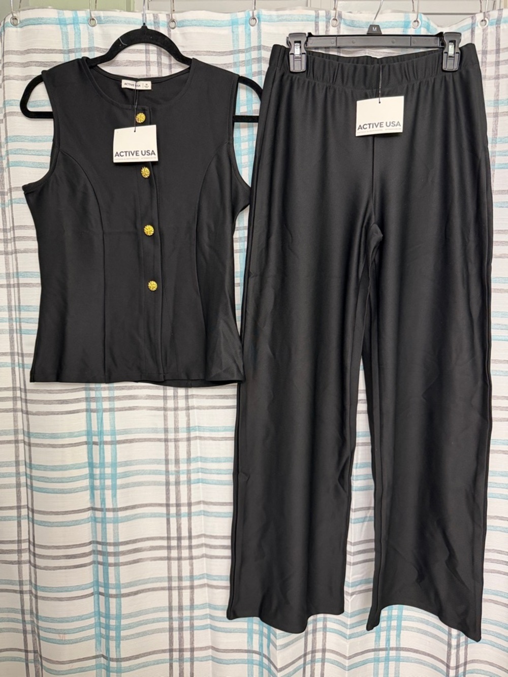 Active USA Black Two-Piece Sleeveless Top & Wide-Leg Pants with Gold Buttons